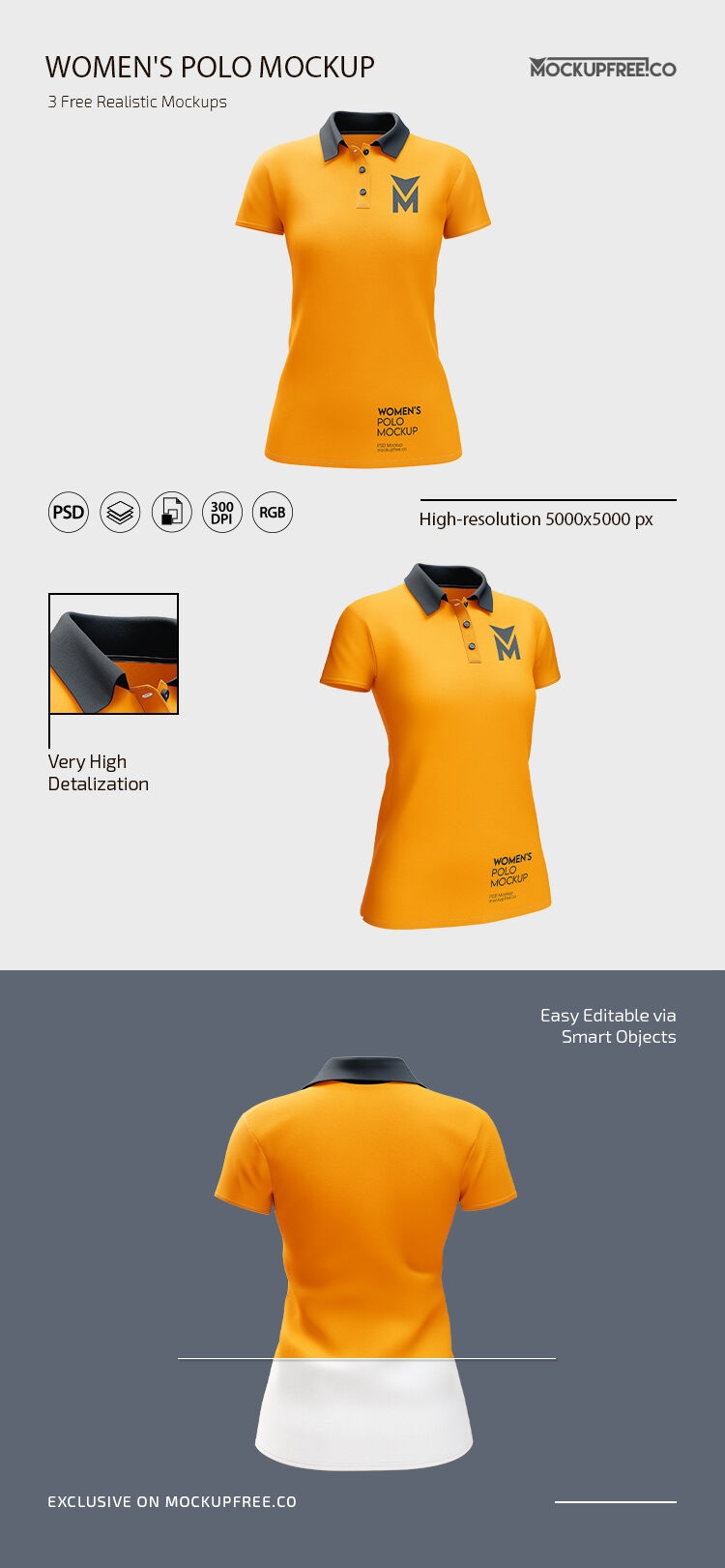 3 Women's Polo Shirt Mockups in Different Angles FREE PSD