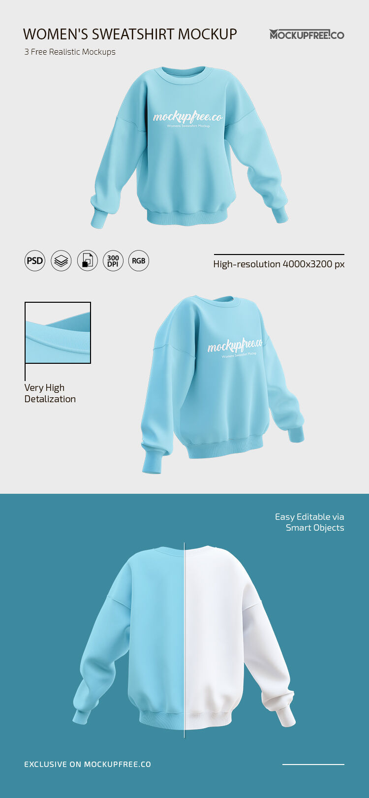 3 Women's Sweatshirt Mockups in Different Shots FREE PSD
