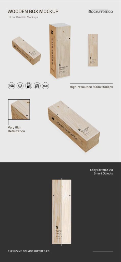 3 Wooden Box Mockups in Different Sights