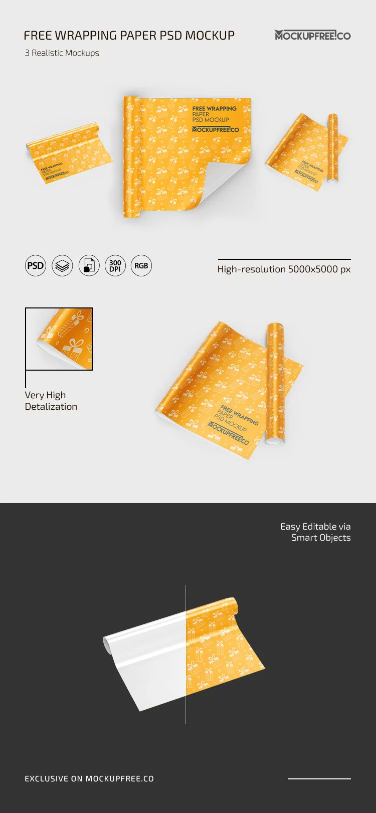 Free 3 Wrapping Paper Mockups PSD Template