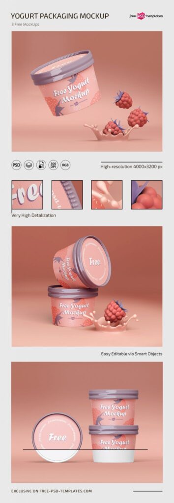 3 Yogurt Jar Mockups in Different Views Featuring Strawberries