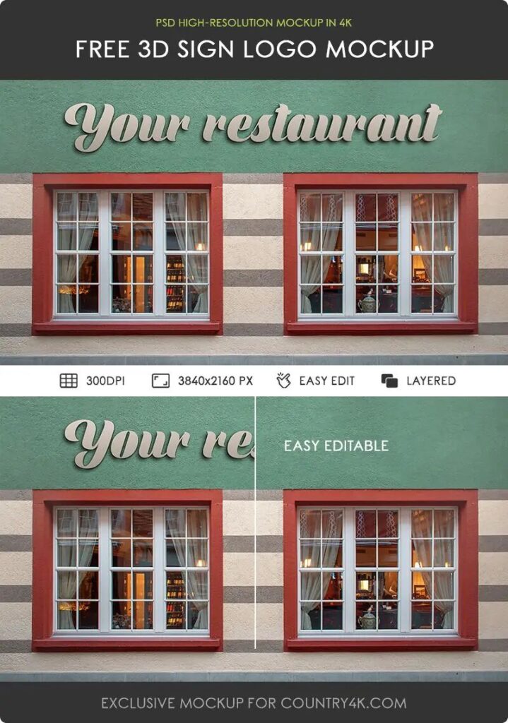 3D Logo Sign Above Restaurant Facade Mockup