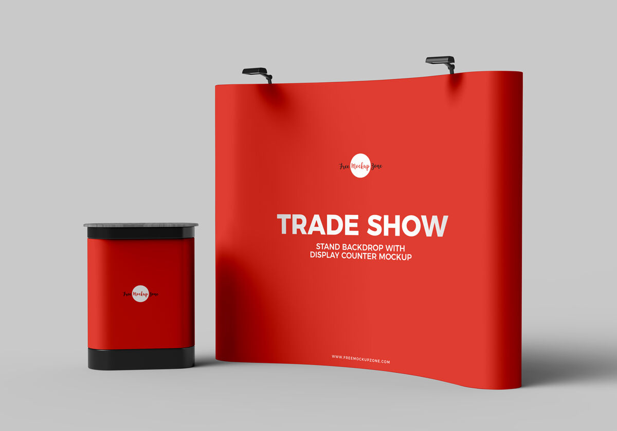 3D Trade Show Stand Backdrop Banner with Display Counter Mockup FREE PSD