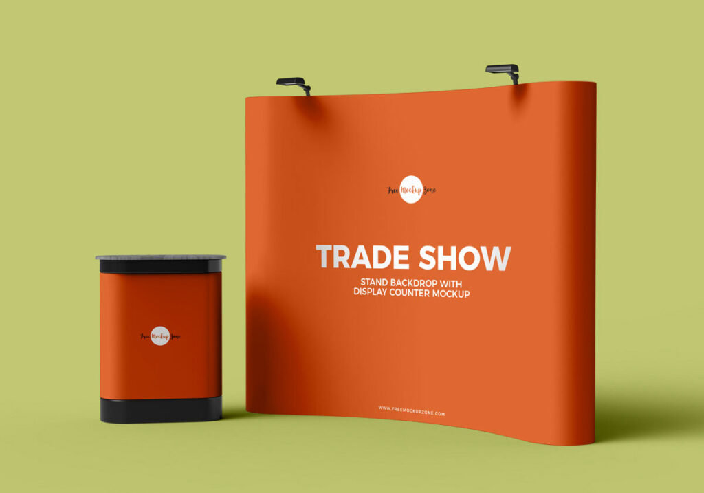 3D Trade Show Stand Backdrop Banner with Display Counter Mockup