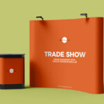 3D Trade Show Stand Backdrop Banner with Display Counter Mockup