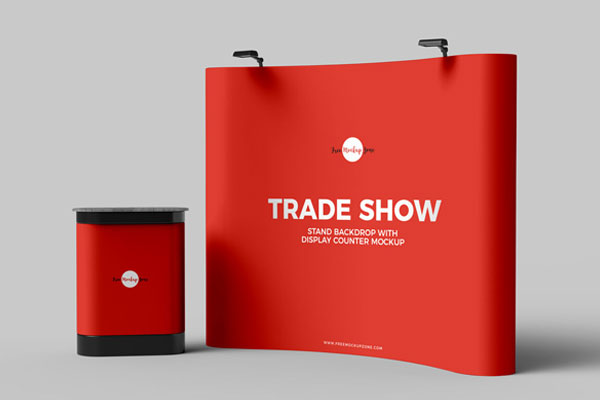 3D Trade Show Stand Backdrop Banner with Display Counter Mockup