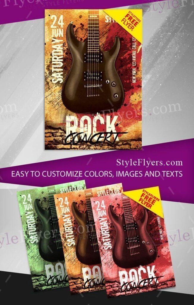 4 Classic Rock Concert Flyers Along with Facebook Cover Templates
