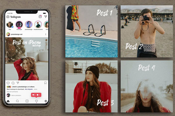 4 Grid Instagram Posts Mockup with iPhone XS Max