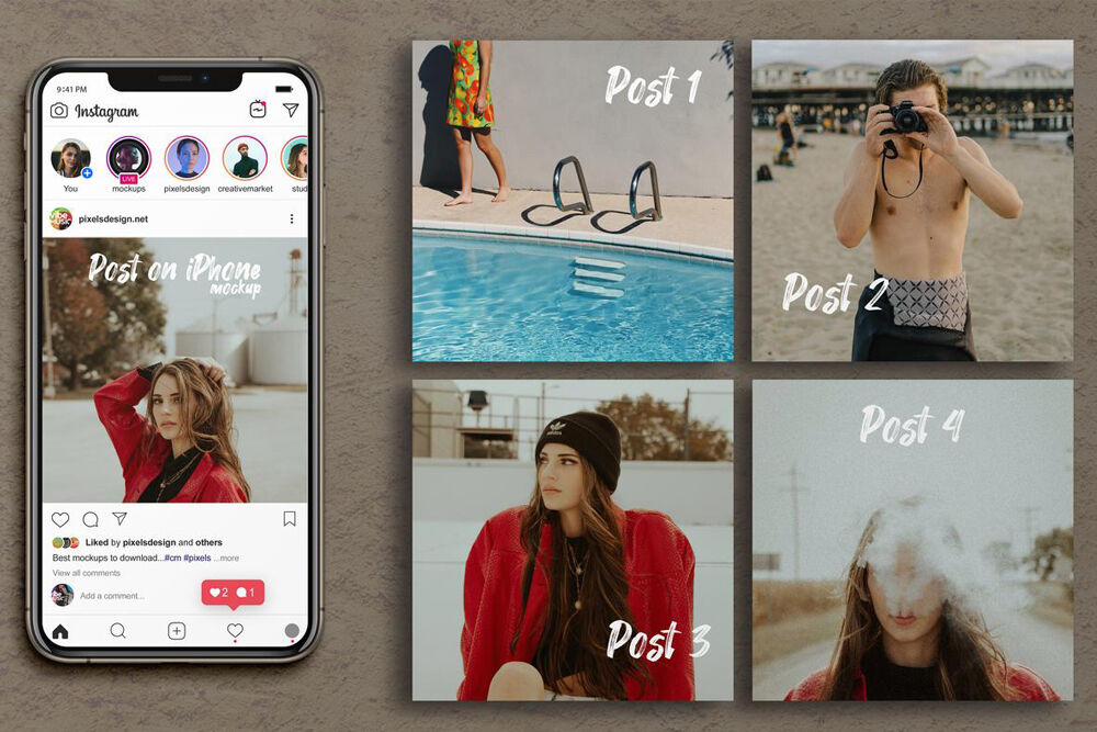 4 Grid Instagram Posts Mockup with iPhone XS Max