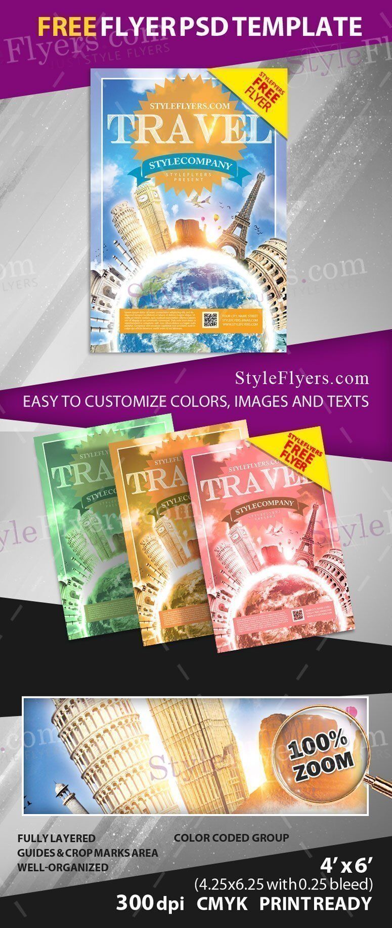 4 Modern, Thematic, 3D Travel Agency Flyer Templates in Different Colors FREE PSD