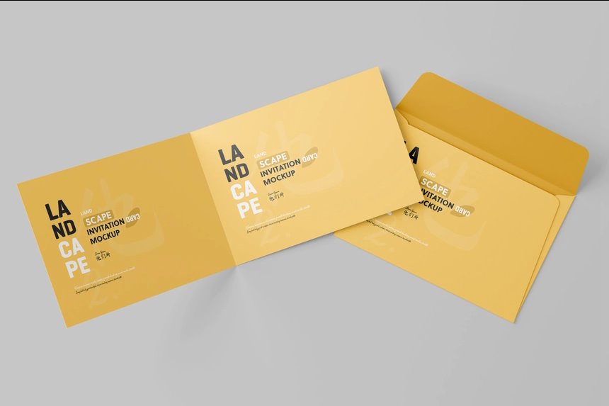 4 Shots of Bi-Folded Invitation Card Mockup with Envelope