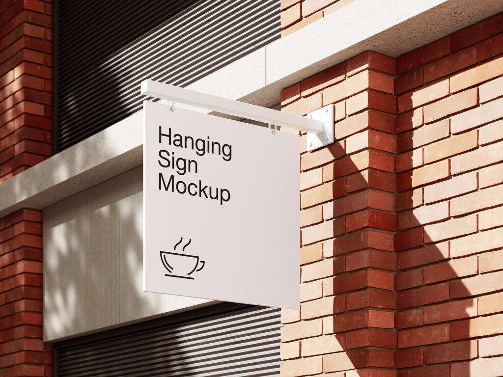 4 Showcases of Hanging Sign Mockup on Brick Wall