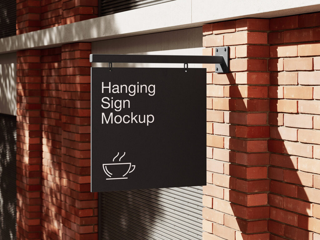 4 Showcases of Hanging Sign Mockup on Brick Wall