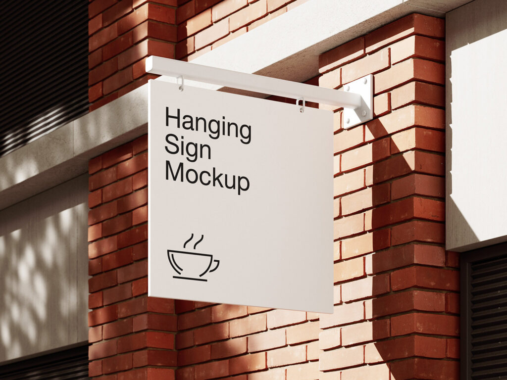 4 Showcases of Hanging Sign Mockup on Brick Wall