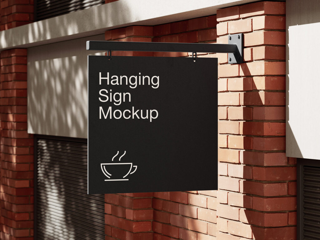 4 Showcases of Hanging Sign Mockup on Brick Wall