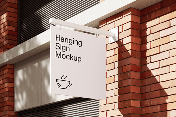 4 Showcases of Hanging Sign Mockup on Brick Wall