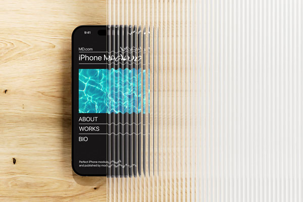 4 Showcases of iPhone 15 Mockup with Wavy Glass