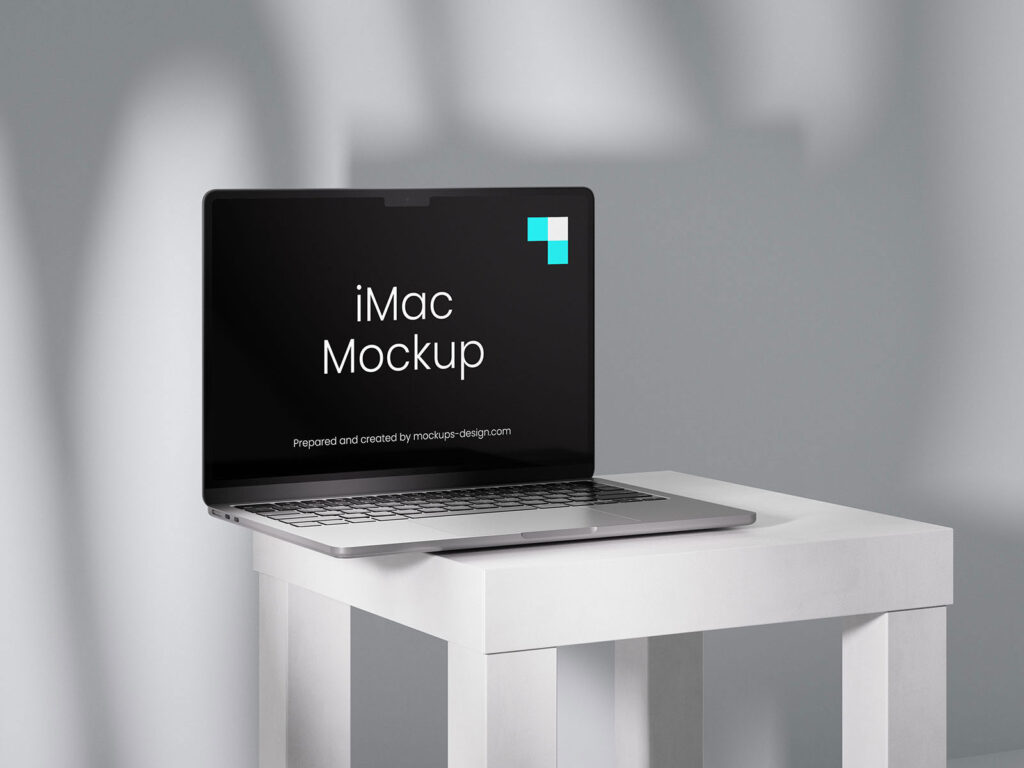 4 Showcases of MacBook Mockup on Table with Shadows