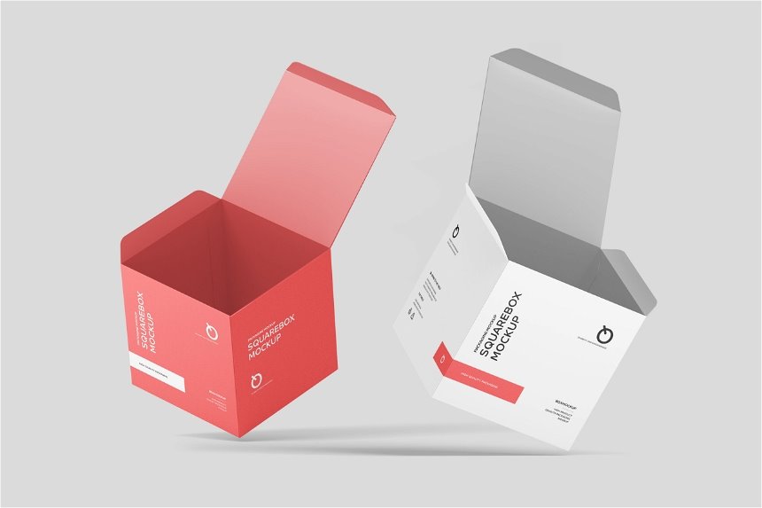 4 Showcases of Realistic Square Box Mockup