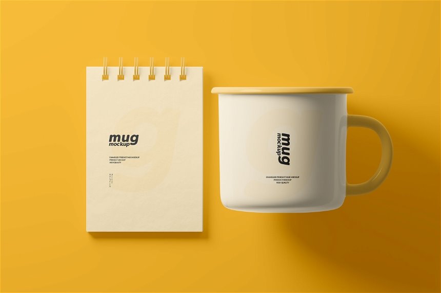 4 Sights of Enamel Mug Mockup with Notebook