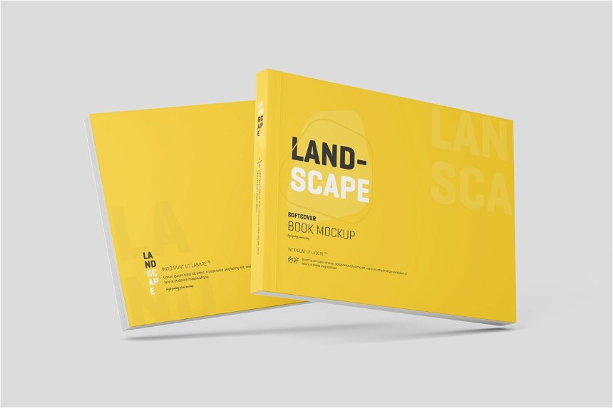 4 Sights of Softcover Landscape Book Mockup