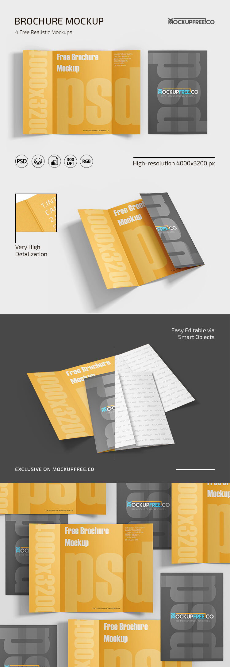 4 Tri-fold Brochure Mockups in Different Angles FREE PSD