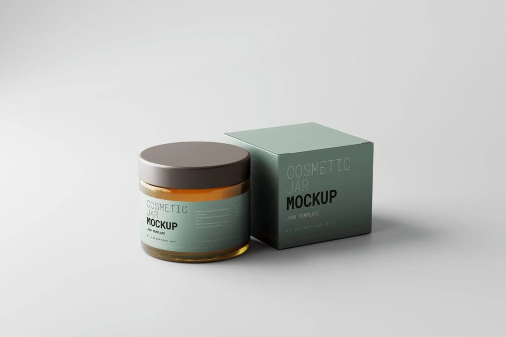 5 Amber Glass Cosmetic Jar Mockups with Box in Varied Views