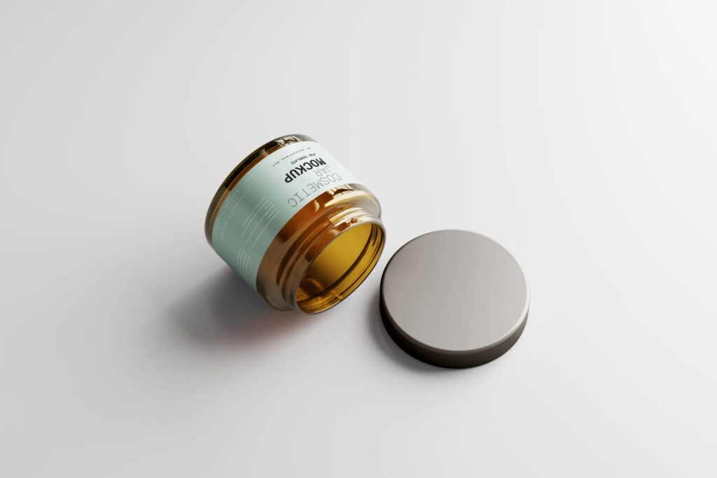 5 Amber Glass Cosmetic Jar Mockups with Box in Varied Views