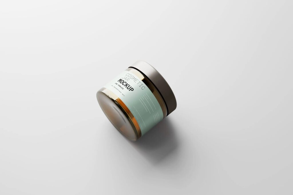 5 Amber Glass Cosmetic Jar Mockups with Box in Varied Views