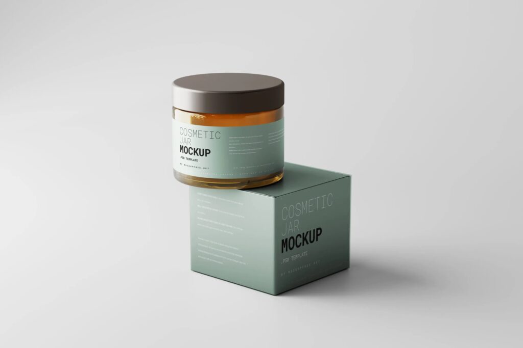 5 Amber Glass Cosmetic Jar Mockups with Box in Varied Views