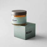 5 Amber Glass Cosmetic Jar Mockups with Box in Varied Views