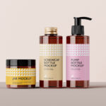 5 Cosmetic Packaging Set Mockups with 2 Bottles and Jar