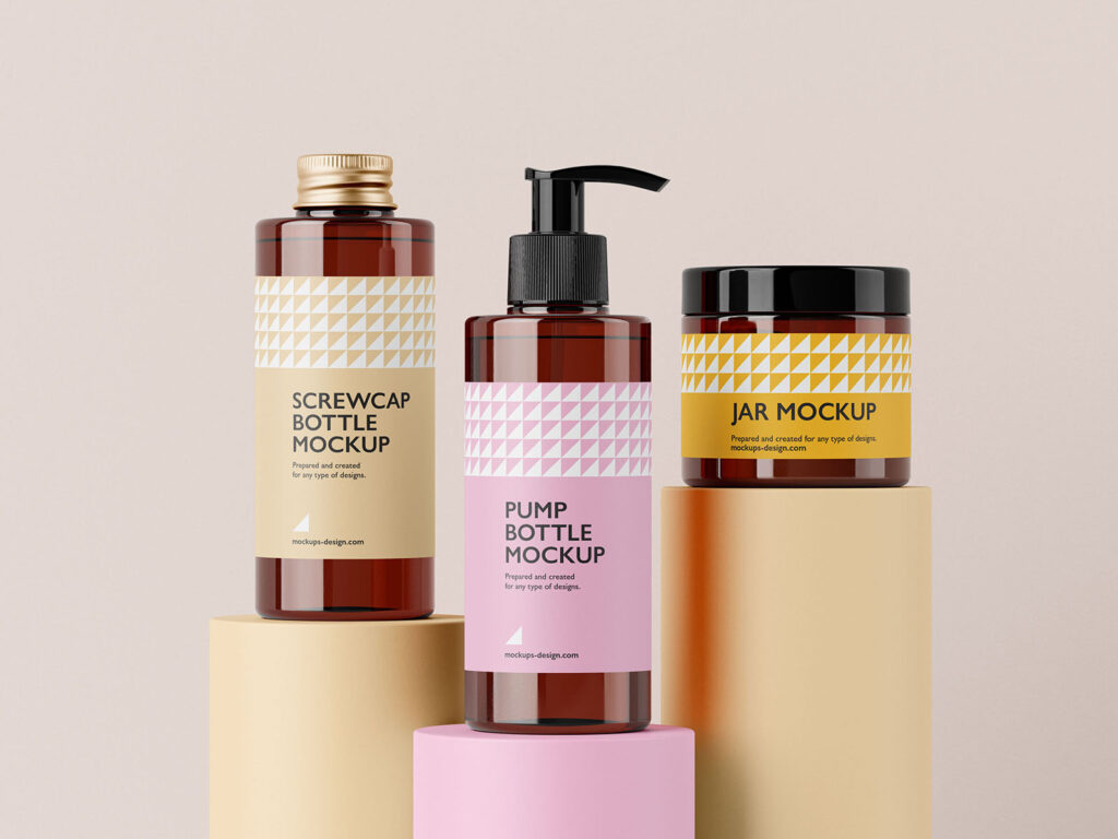 5 Cosmetic Packaging Set Mockups with 2 Bottles and Jar