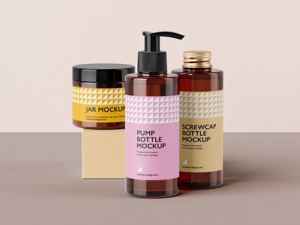 5 Cosmetic Packaging Set Mockups with 2 Bottles and Jar