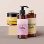 5 Cosmetic Packaging Set Mockups with 2 Bottles and Jar