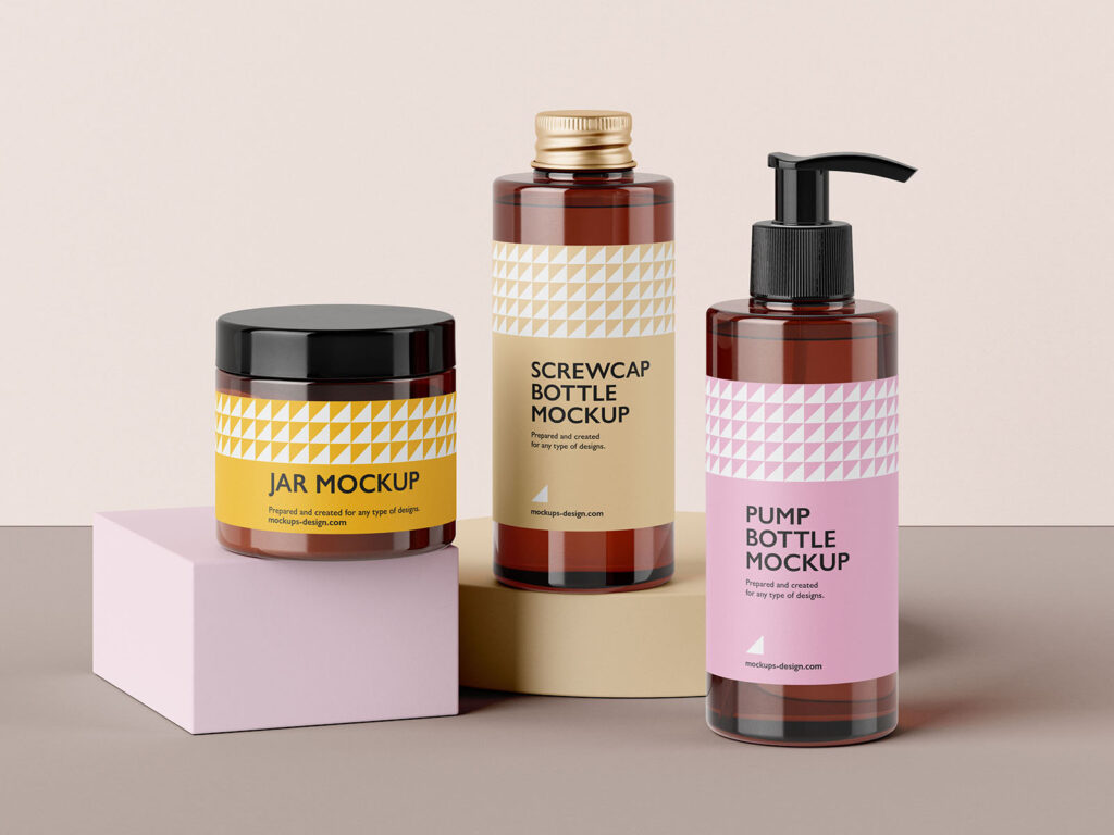 5 Cosmetic Packaging Set Mockups with 2 Bottles and Jar