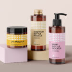 5 Cosmetic Packaging Set Mockups with 2 Bottles and Jar