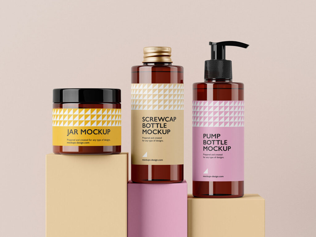 5 Cosmetic Packaging Set Mockups with 2 Bottles and Jar