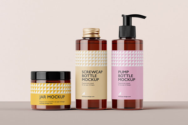 5 Cosmetic Packaging Set Mockups with 2 Bottles and Jar