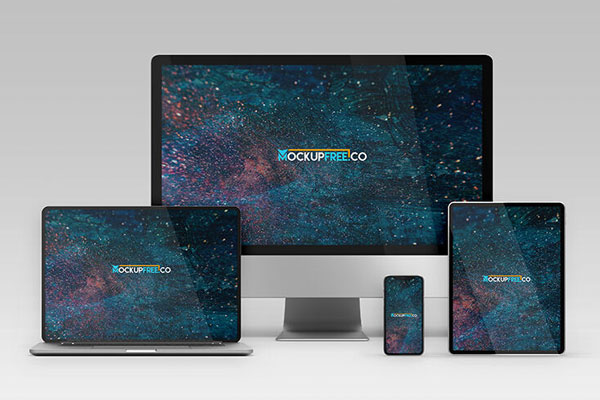 5 Device Set Mockups Including Laptop, Smartphone, Tablet, and Monitor