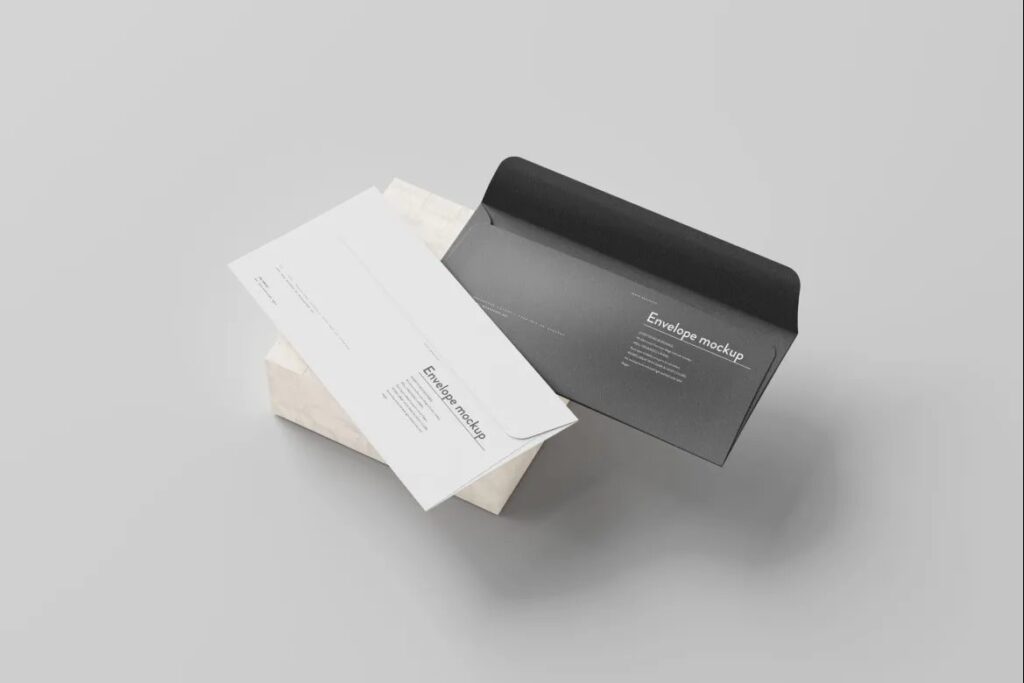 5 Long Corporate Envelopes Mockups in Perspective and Top Visions