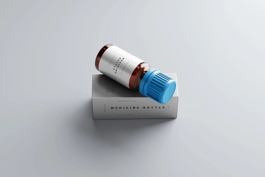 5 Medicine Glass Bottle Mockups with Box in Distinct Sights
