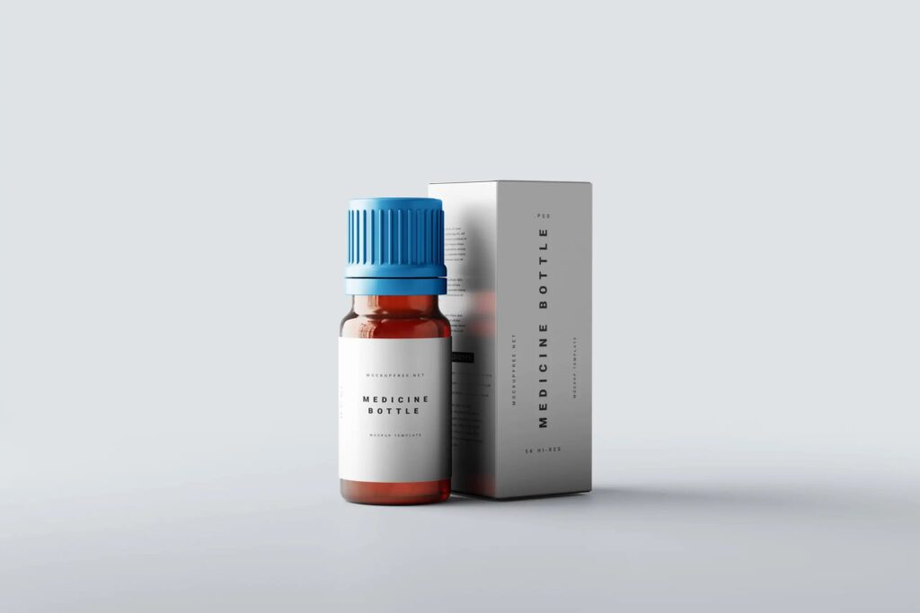 5 Medicine Glass Bottle Mockups with Box in Distinct Sights