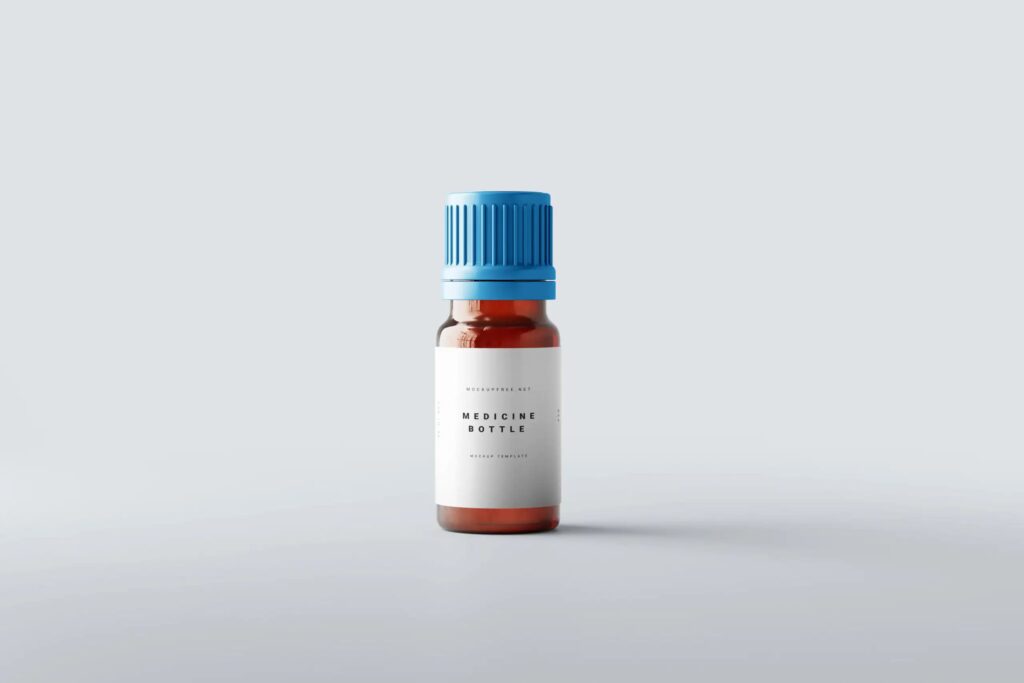 5 Medicine Glass Bottle Mockups with Box in Distinct Sights
