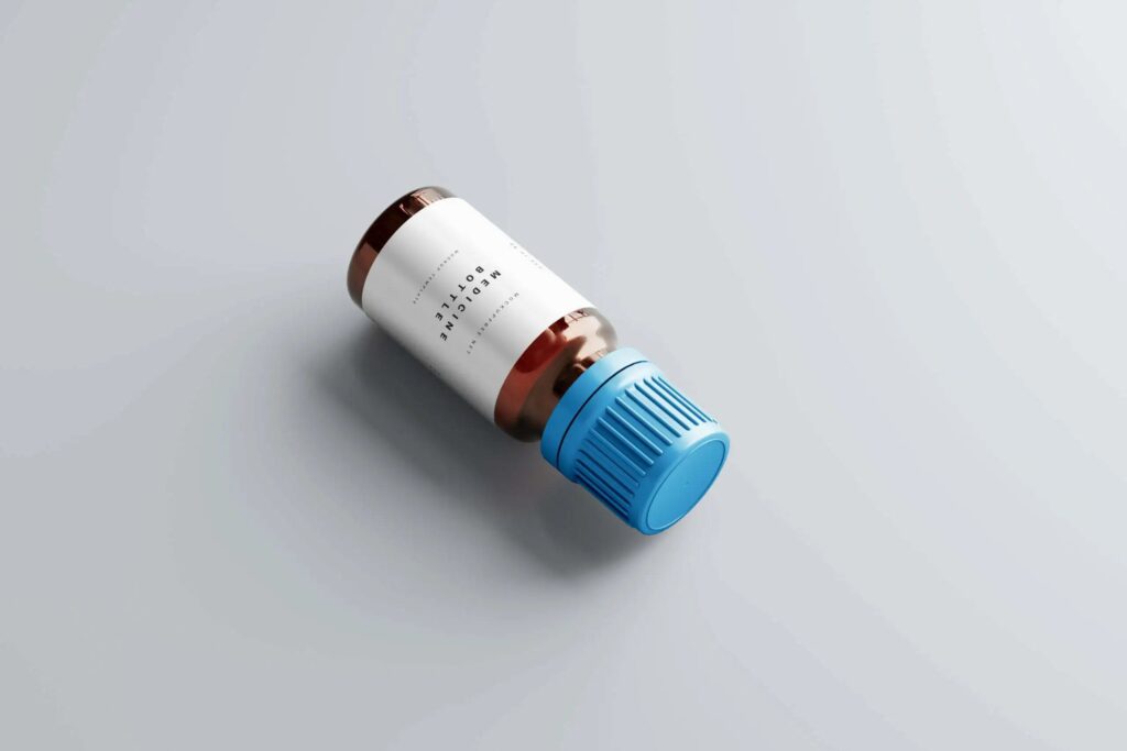 5 Medicine Glass Bottle Mockups with Box in Distinct Sights