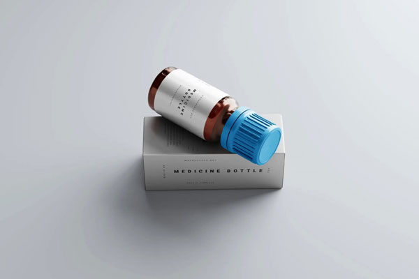 5 Medicine Glass Bottle Mockups with Box in Distinct Sights