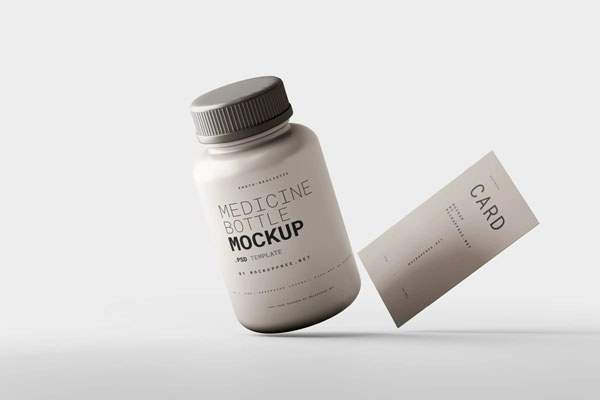 5 Medicine Bottle with Business Card Mockups in Distinct Shots