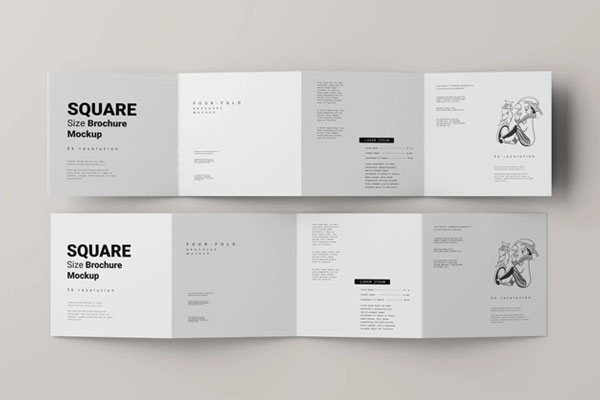 5 Mockups of 4 Fold Square Brochures in Varied Sights