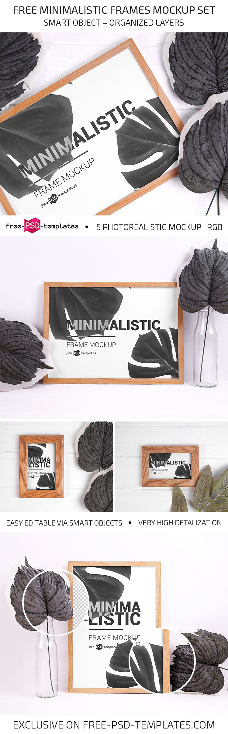 5 Mockups of Minimalistic Wooden Frames Sets FREE PSD