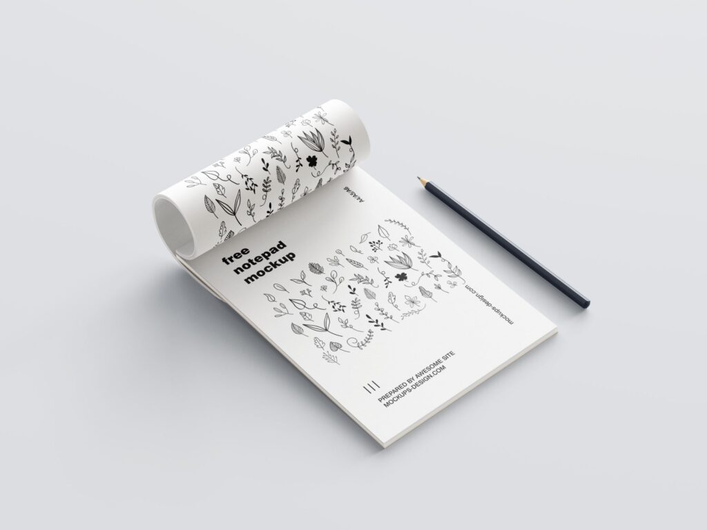 5 Mockups of Notepad with Pencil in Various Perspective Views